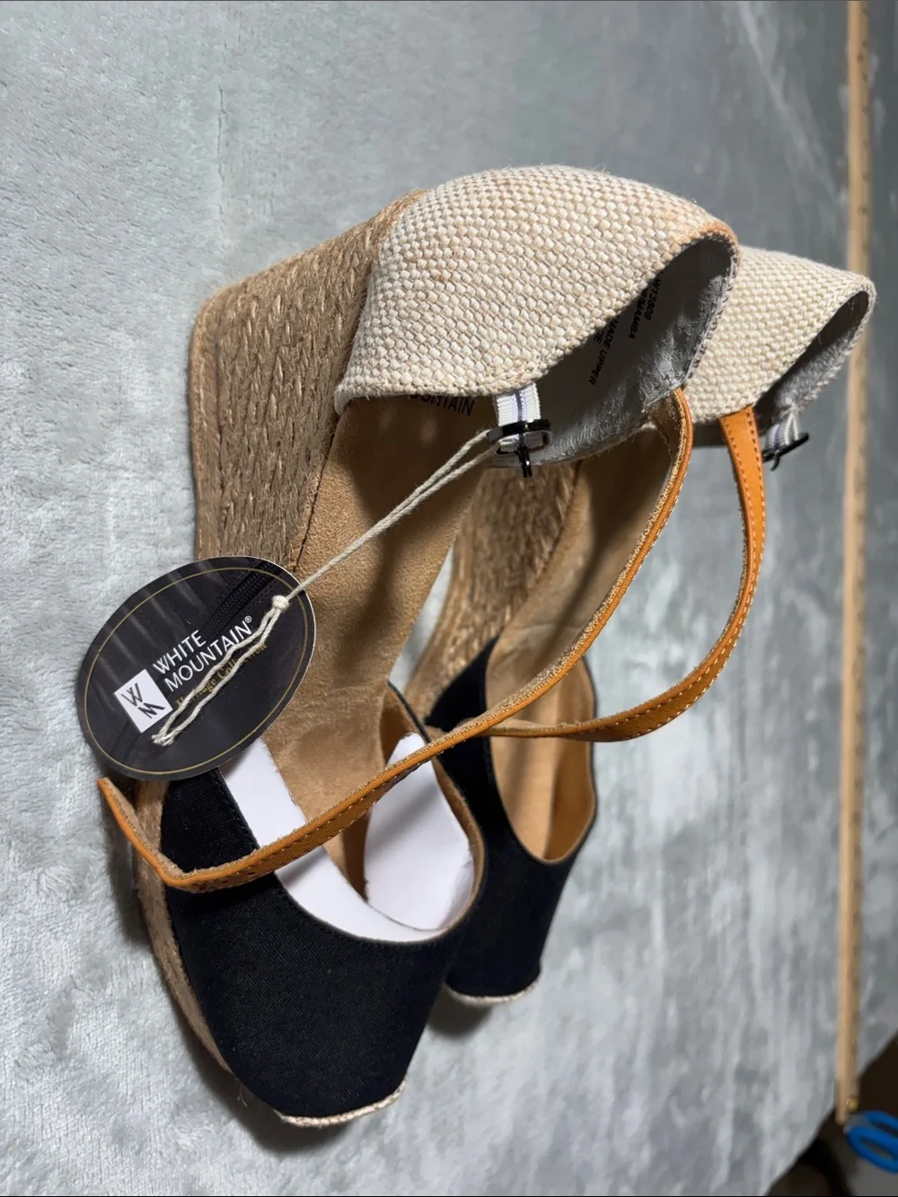 White Mountain Black and Tan Espadrille Wedge Sandals